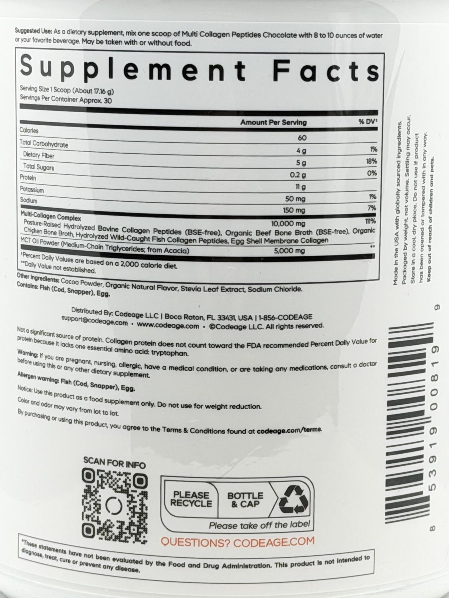 Codeage Multi Collagen Peptides Chocolate 18.17oz