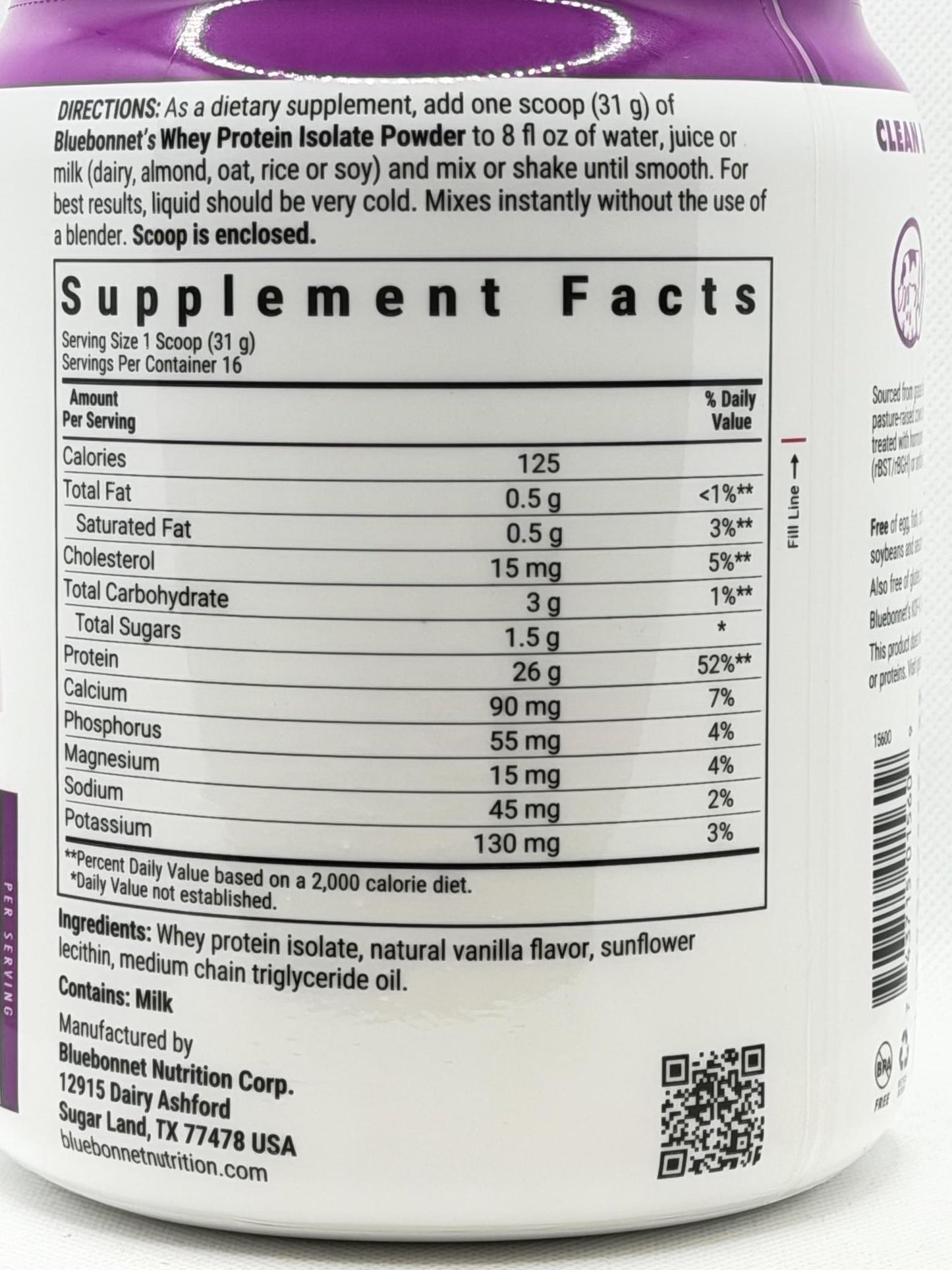 Bluebonnet Whey Protein Isolate Fast-Acting Powder 1.1lb